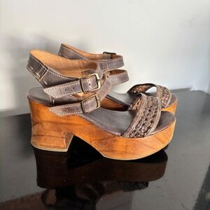 Bed Stu Glayse Brown Leather Woven Wood Platform Wedge Sandals Womens 8